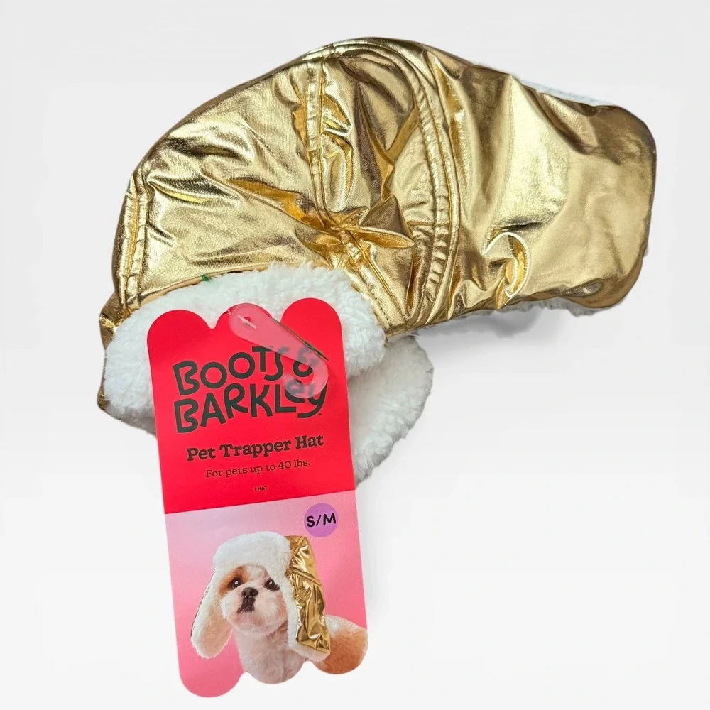 Boots & Barkley Gold Metallic Pet Trapper Hat Faux Fur Lining S/M Up to 40 lbs‎
